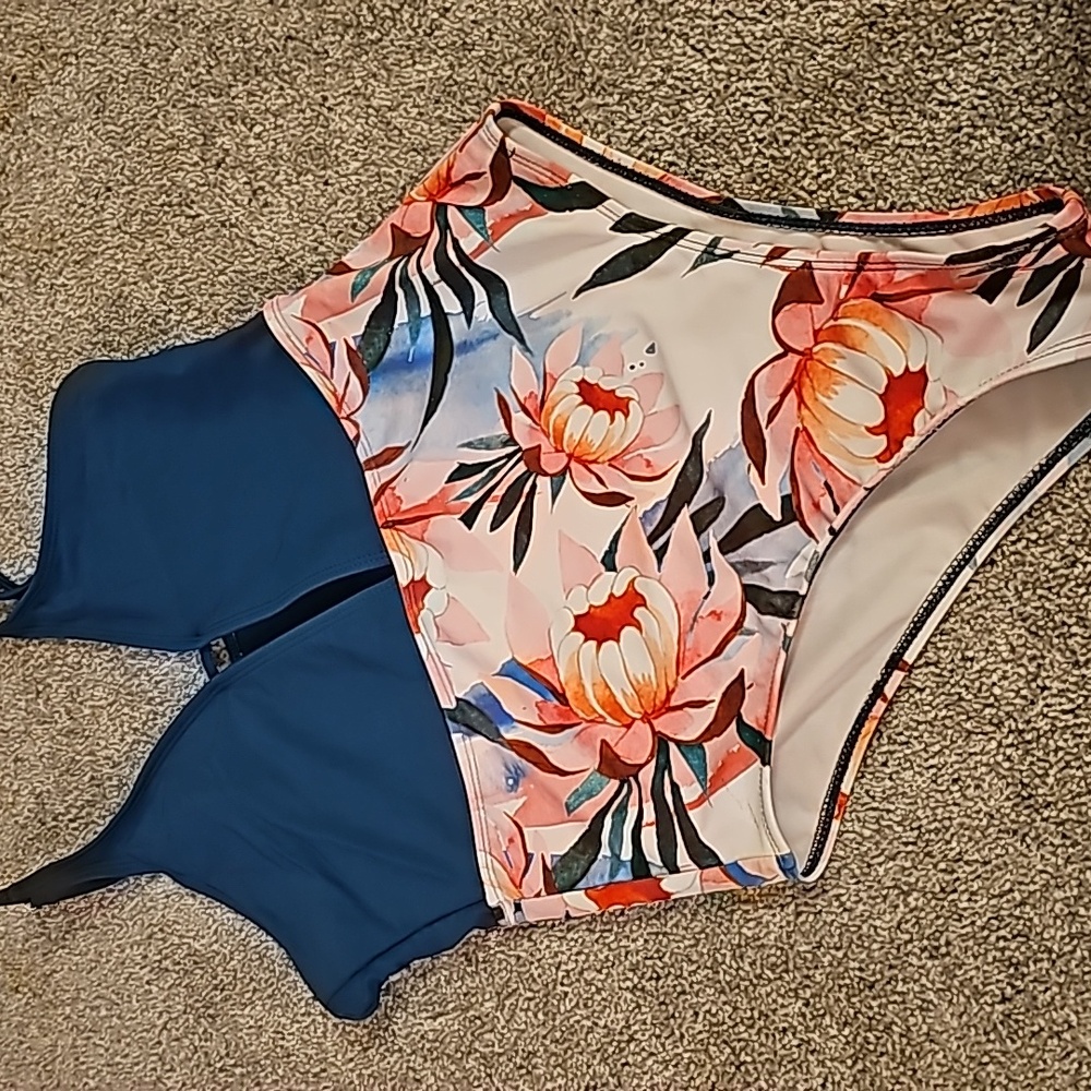 Teal and Floral One Piece Swimsuit #N